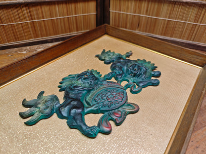 Rare 1950s Okinawan Shisa Copper Wall Art Yakisugi Frame Auction JP