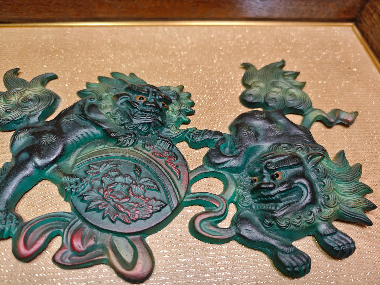 Rare 1950s Okinawan Shisa Copper Wall Art Yakisugi Frame Auction JP