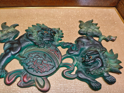Rare 1950s Okinawan Shisa Copper Wall Art Yakisugi Frame Auction JP