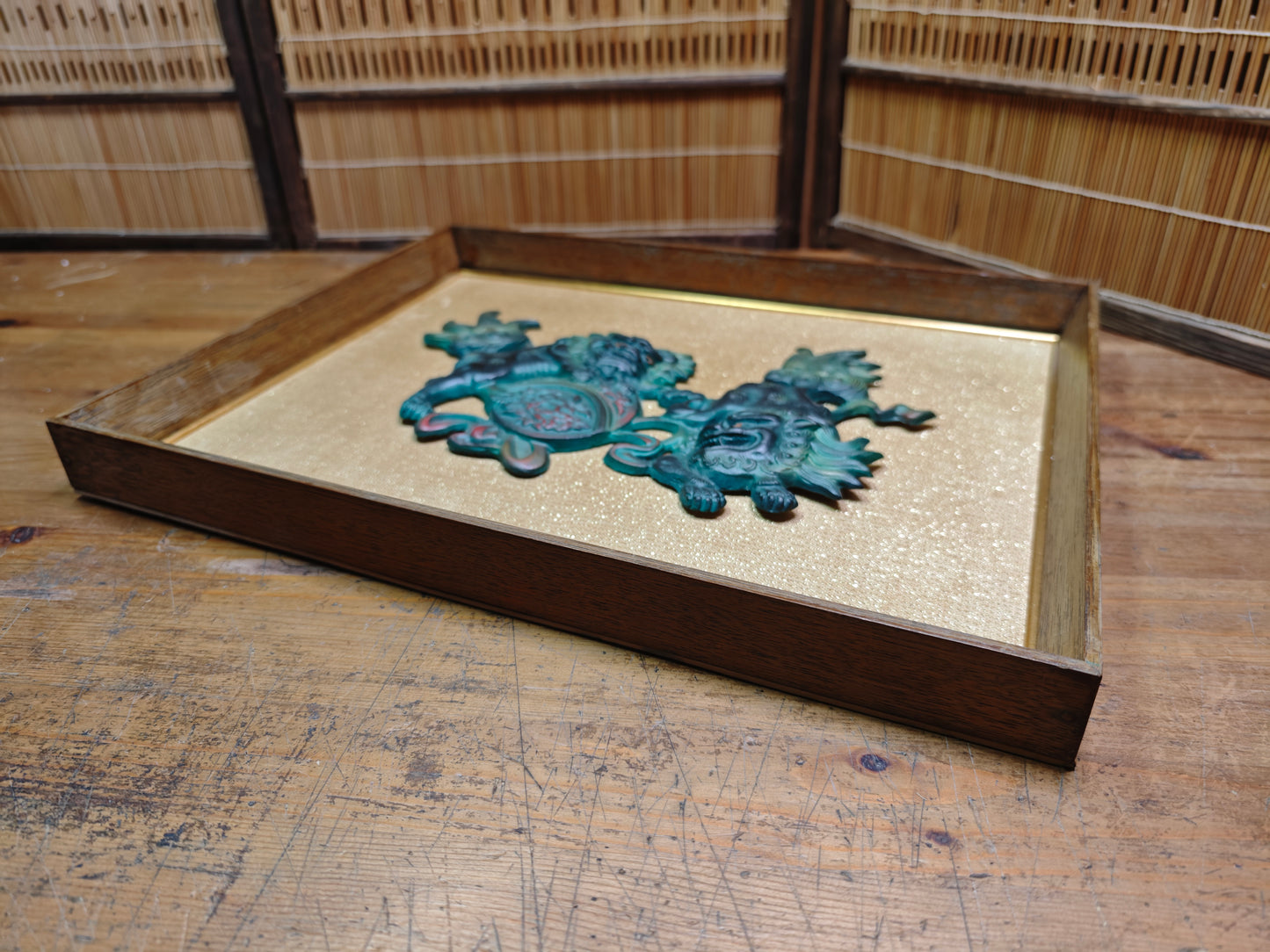 Rare 1950s Okinawan Shisa Copper Wall Art Yakisugi Frame Auction JP
