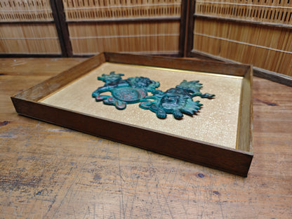 Rare 1950s Okinawan Shisa Copper Wall Art Yakisugi Frame Auction JP