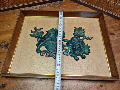 Rare 1950s Okinawan Shisa Copper Wall Art Yakisugi Frame Auction JP