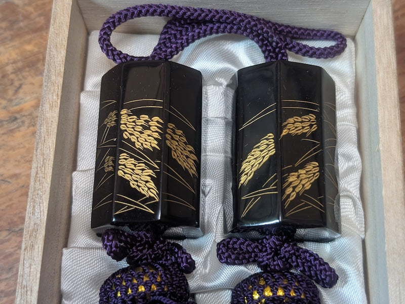 Rare 1950s Wajima-nuri Fuchin Scroll Weights Set Japanese Lacquer Box