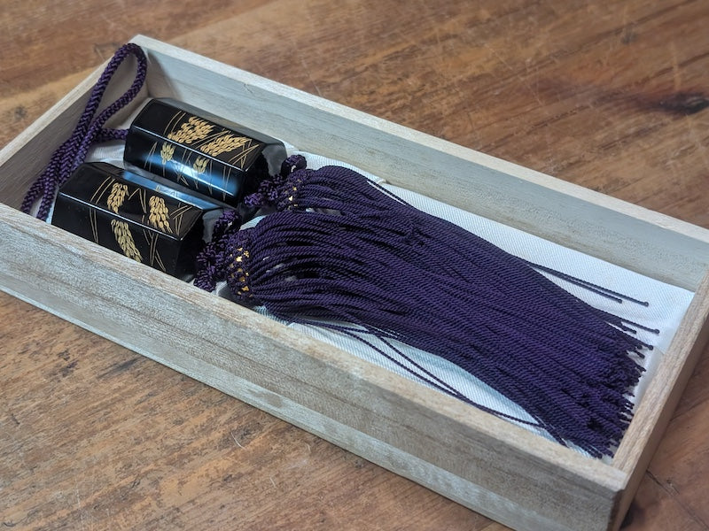 Rare 1950s Wajima-nuri Fuchin Scroll Weights Set Japanese Lacquer Box