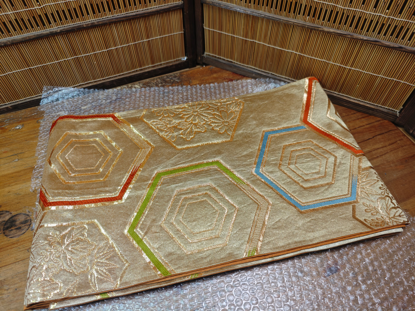 Rare 1951 Japanese Silk Kimono Obi Gold Thread Antique Table Runner Decor