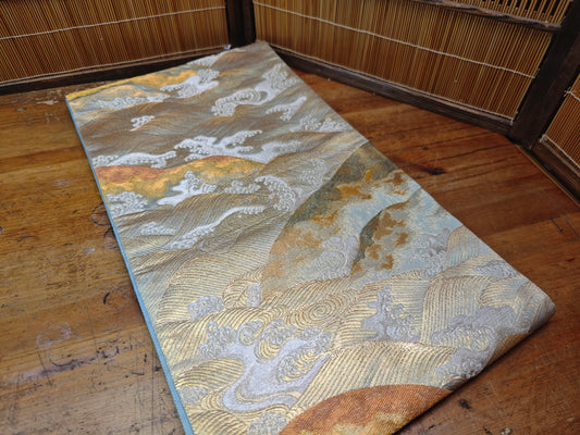 Rare 1951 Japanese Silk Kimono Obi Gold Thread Antique Table Runner Decor
