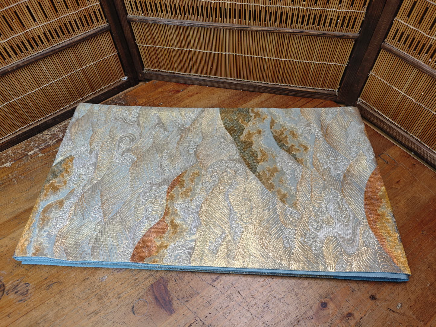 Rare 1951 Japanese Silk Kimono Obi Gold Thread Antique Table Runner Decor