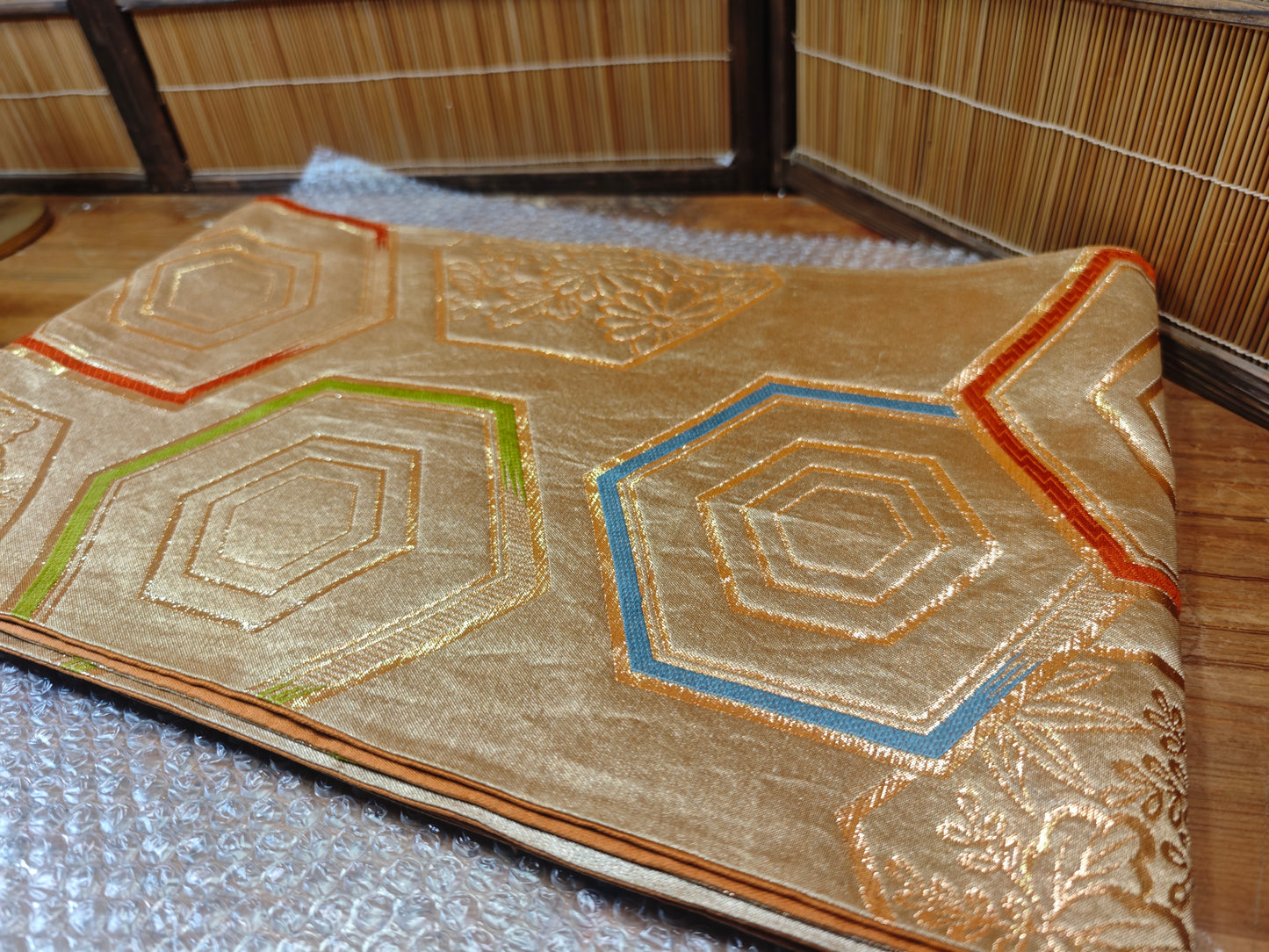 Rare 1951 Japanese Silk Kimono Obi Gold Thread Antique Table Runner Decor