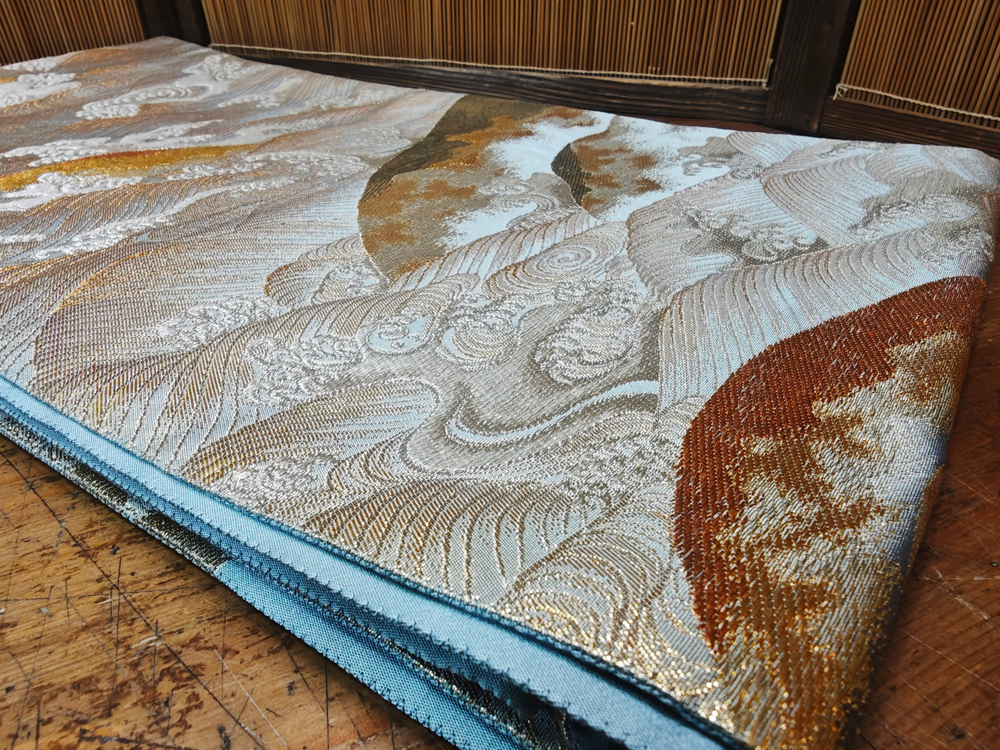 Rare 1951 Japanese Silk Kimono Obi Gold Thread Antique Table Runner Decor