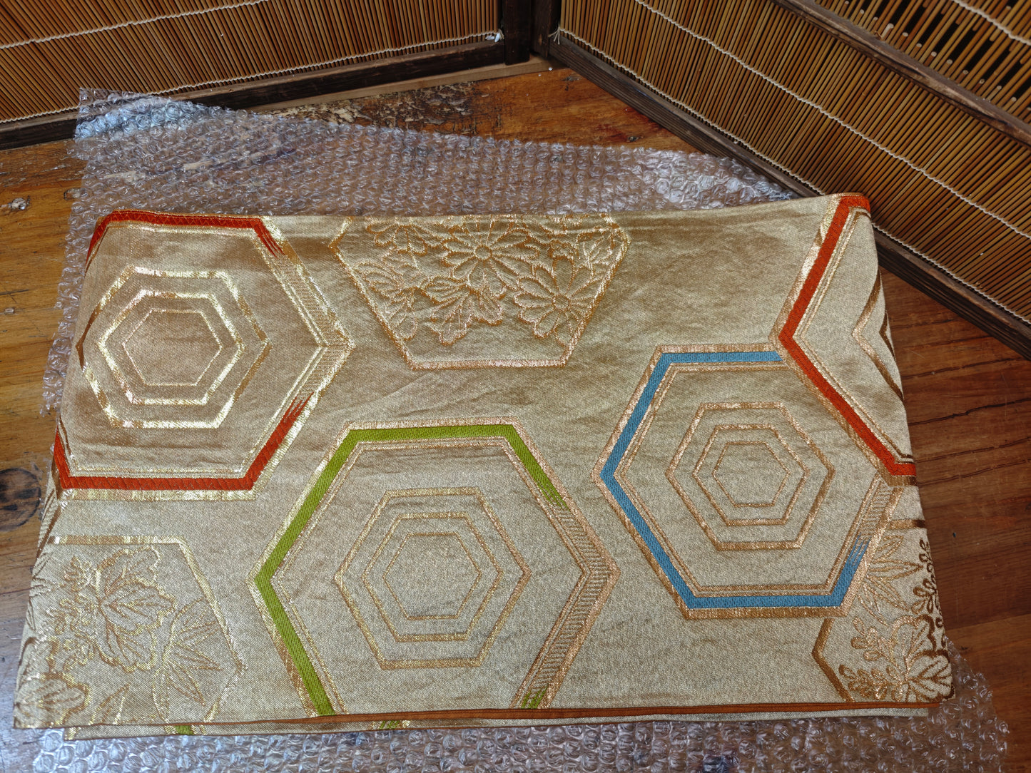 Rare 1951 Japanese Silk Kimono Obi Gold Thread Antique Table Runner Decor