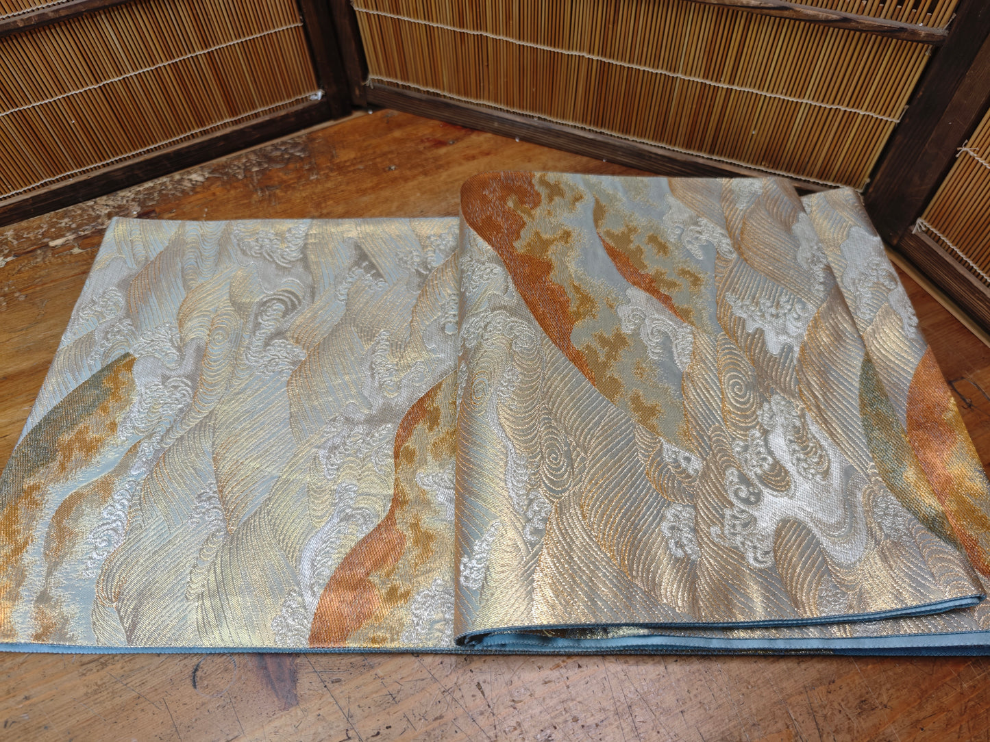 Rare 1951 Japanese Silk Kimono Obi Gold Thread Antique Table Runner Decor