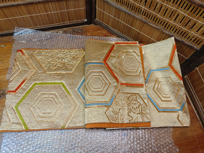 Rare 1951 Japanese Silk Kimono Obi Gold Thread Antique Table Runner Decor