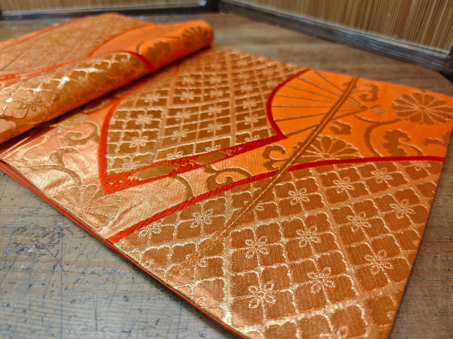 Rare 1951 Japanese Silk Kimono Obi Gold Thread Table Runner Antique Decor