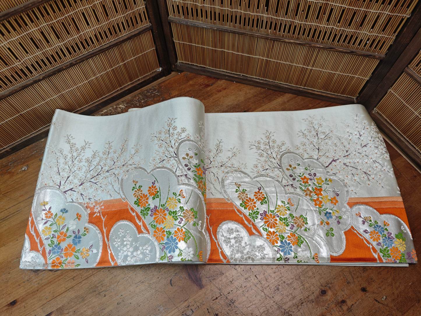 Rare 1951 Japanese Silk Kimono Obi Gold Thread Table Runner Antique Decor