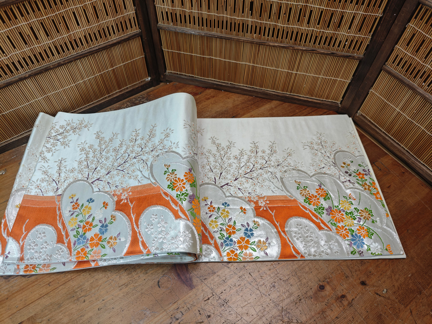Rare 1951 Japanese Silk Kimono Obi Gold Thread Table Runner Antique Decor