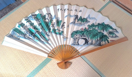 Japanese Giant Folding Fan 1.5m Hand-Painted Washi Art Signed Bamboo Frame