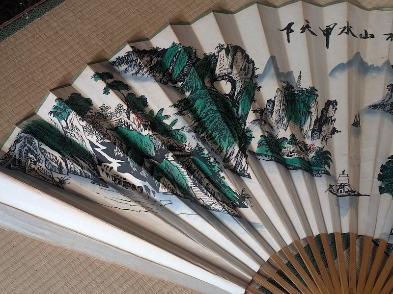 Japanese Giant Folding Fan 1.5m Hand-Painted Washi Art Signed Bamboo Frame