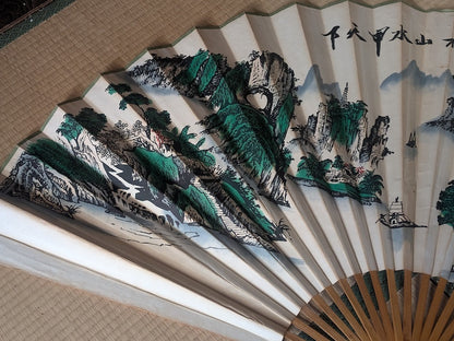 Japanese Giant Folding Fan 1.5m Hand-Painted Washi Art Signed Bamboo Frame