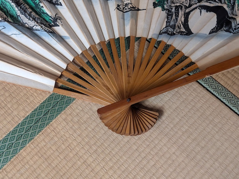 Japanese Giant Folding Fan 1.5m Hand-Painted Washi Art Signed Bamboo Frame