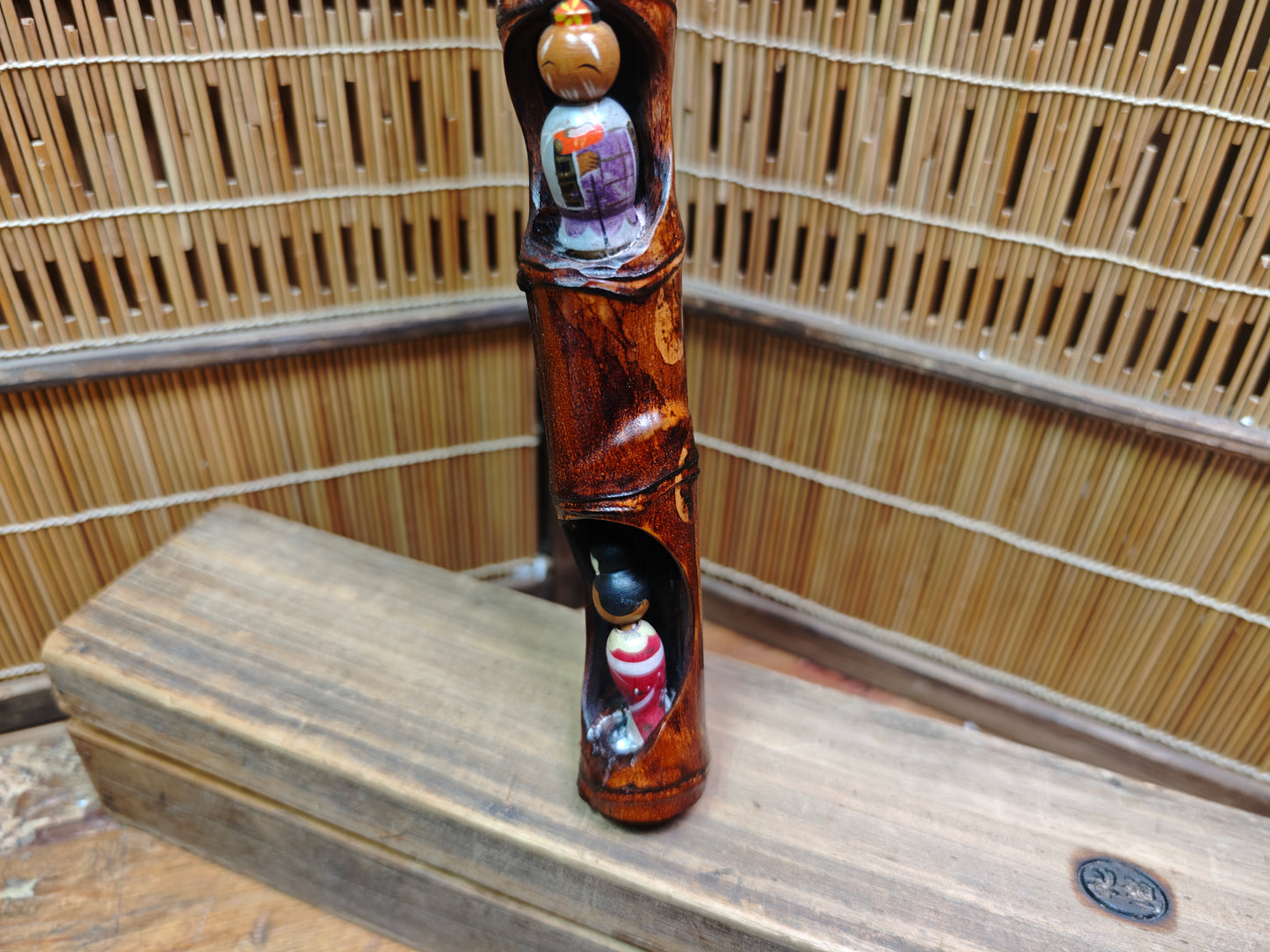 Rare 1960s Japanese Kokeshi Matsuri Bamboo Art Signed w Original Box