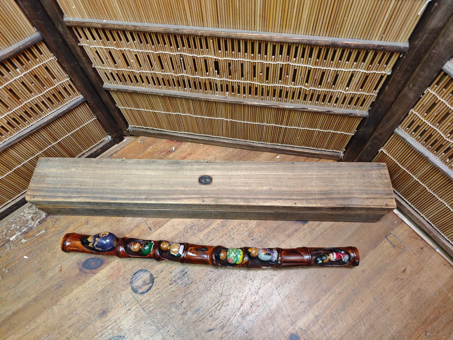 Rare 1960s Japanese Kokeshi Matsuri Bamboo Art Signed w Original Box