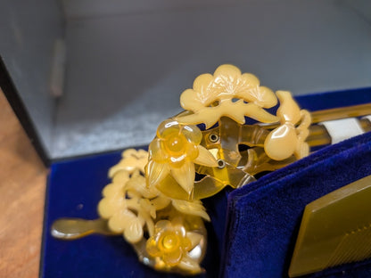 Vintage Japanese Kanzashi Set 1970s Floral Hairpins Comb Box Rare