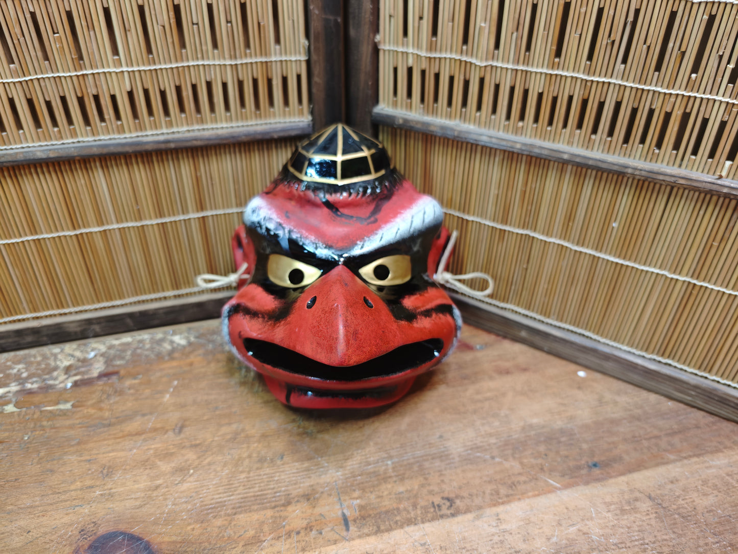 Rare Japanese Karasu Tengu Mask Handmade Pottery Folk Art Decor
