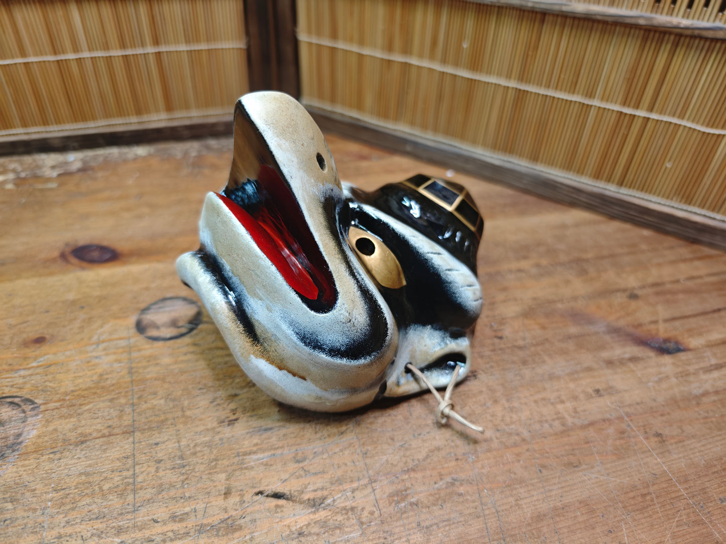 Rare Japanese Karasu Tengu Mask Handmade Pottery Folk Art Showa Era