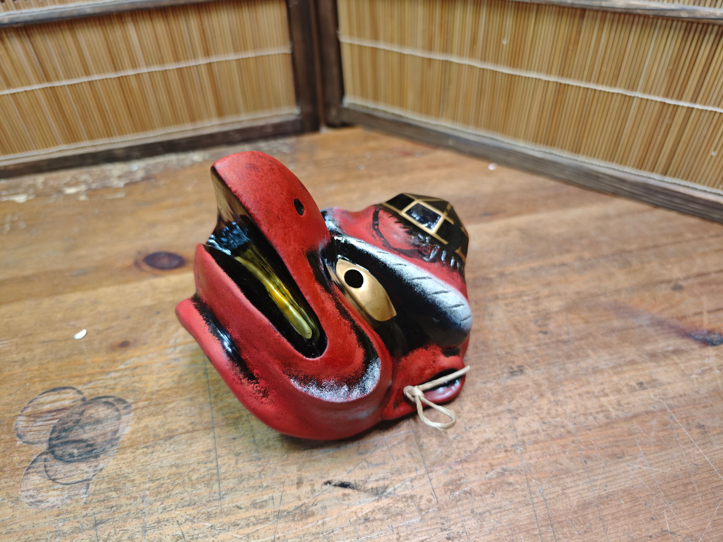 Rare Japanese Karasu Tengu Mask Handmade Pottery Folk Art Decor