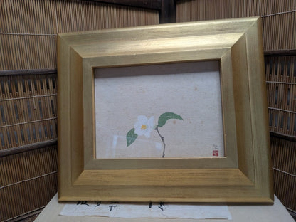 White Camellia Painting Signed Shimizu Seisaku 24K Gold Leaf Frame Auction JP