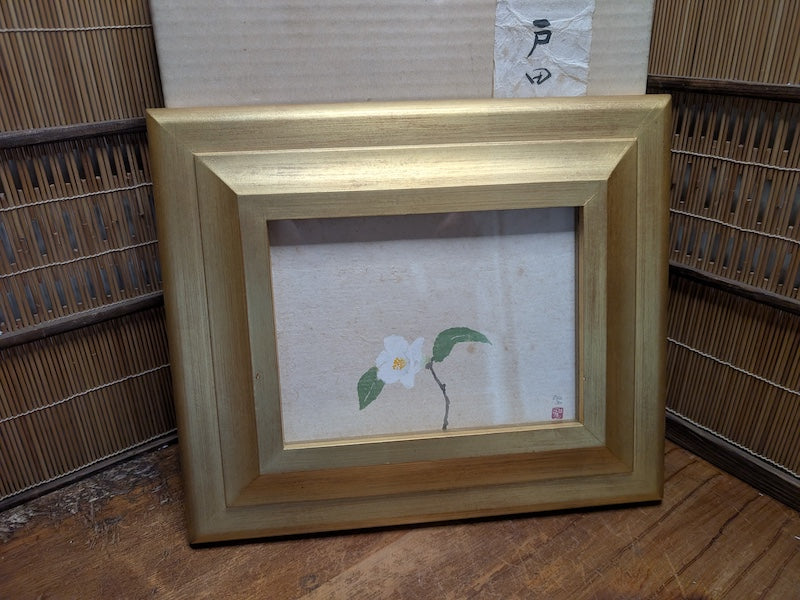 White Camellia Painting Signed Shimizu Seisaku 24K Gold Leaf Frame Auction JP