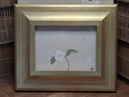 White Camellia Painting Signed Shimizu Seisaku 24K Gold Leaf Frame Auction JP