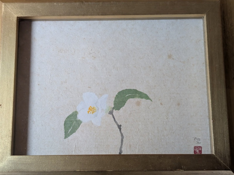 White Camellia Painting Signed Shimizu Seisaku 24K Gold Leaf Frame Auction JP