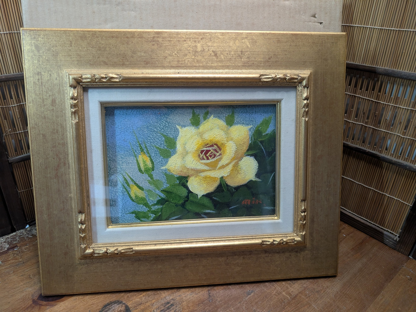 Yellow Rose Painting Signed Hirohata 24K Gold Leaf Frame Japan Auction Art