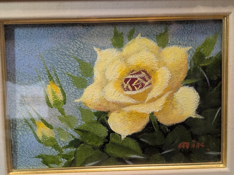 Yellow Rose Painting Signed Hirohata 24K Gold Leaf Frame Japan Auction Art