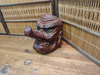 Japanese 1950s Tengu Mask Wood Ceramic Mixed Folklore Theater