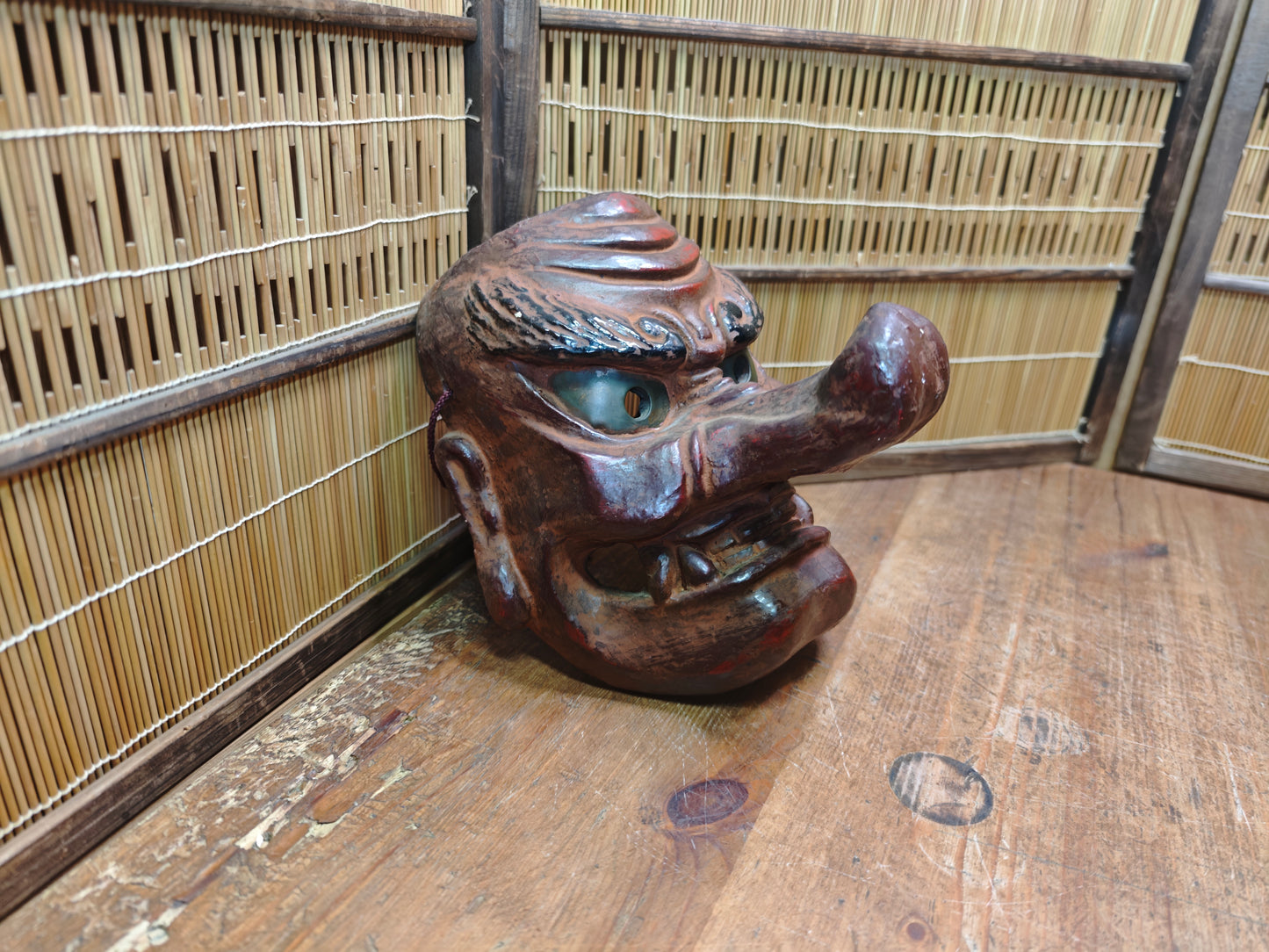 Japanese 1950s Tengu Mask Wood Ceramic Mixed Folklore Theater