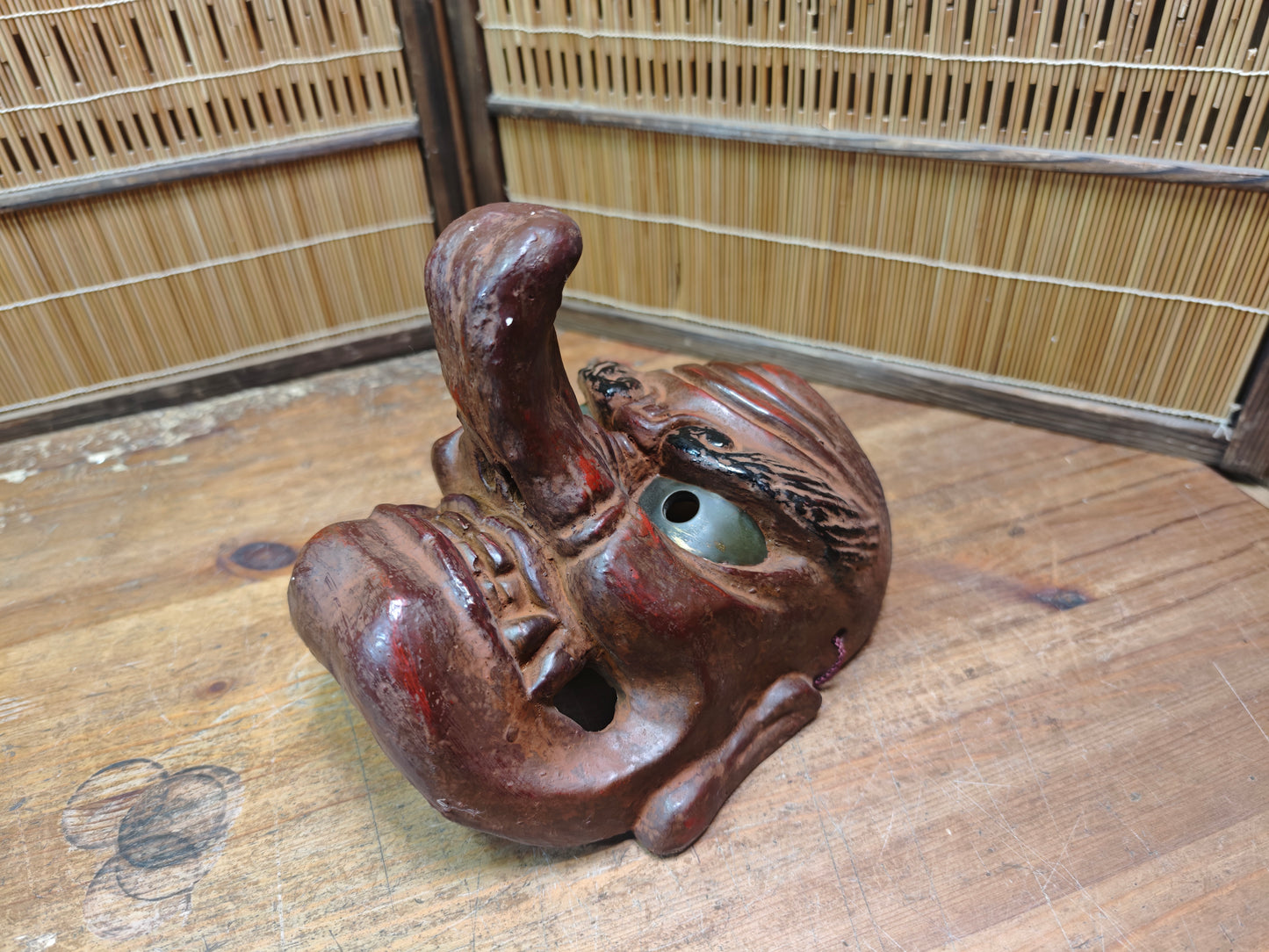 Japanese 1950s Tengu Mask Wood Ceramic Mixed Folklore Theater