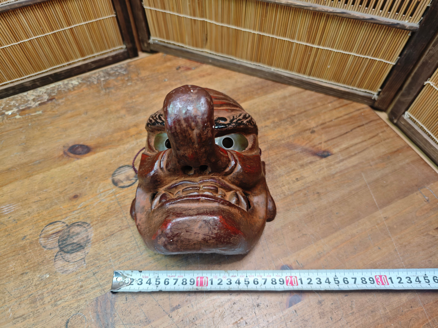 Japanese 1950s Tengu Mask Wood Ceramic Mixed Folklore Theater