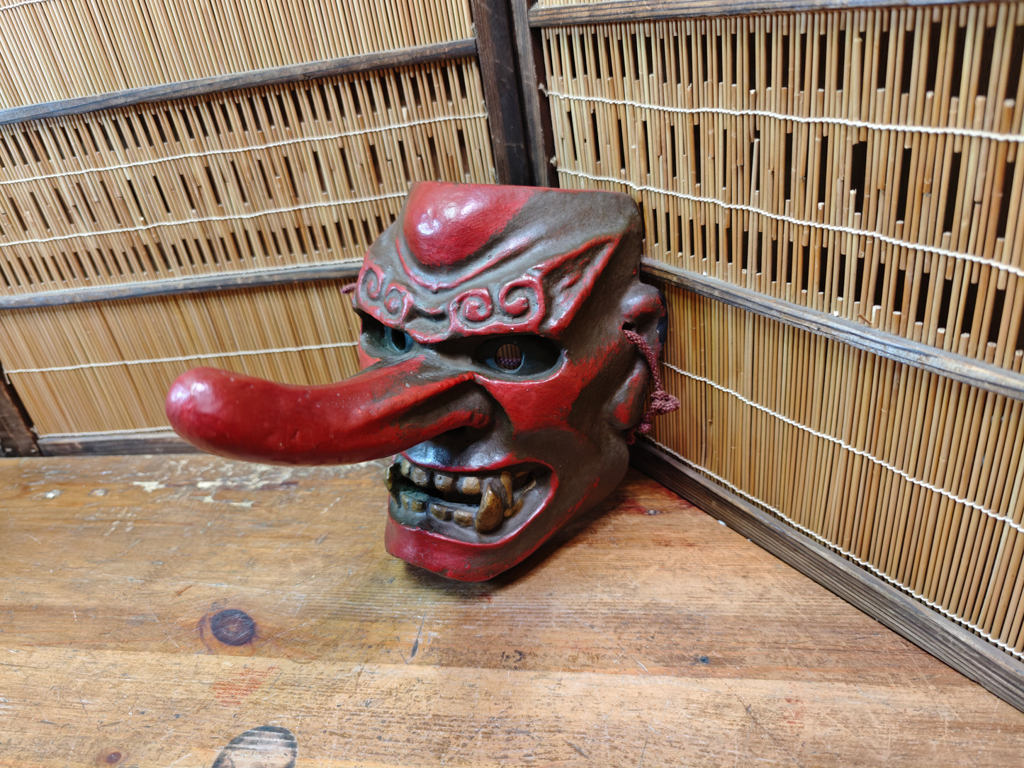 Rare Japanese 1950s Tengu Mask Wood Ceramic Mixed Folklore Theater