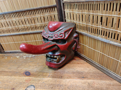 Rare Japanese 1950s Tengu Mask Wood Ceramic Mixed Folklore Theater