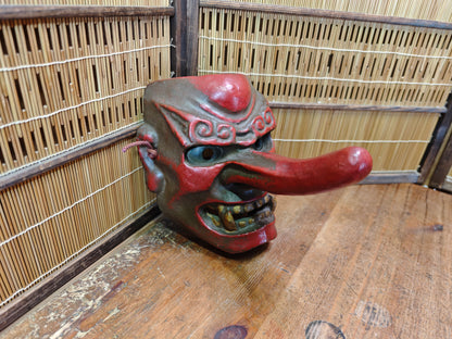 Rare Japanese 1950s Tengu Mask Wood Ceramic Mixed Folklore Theater