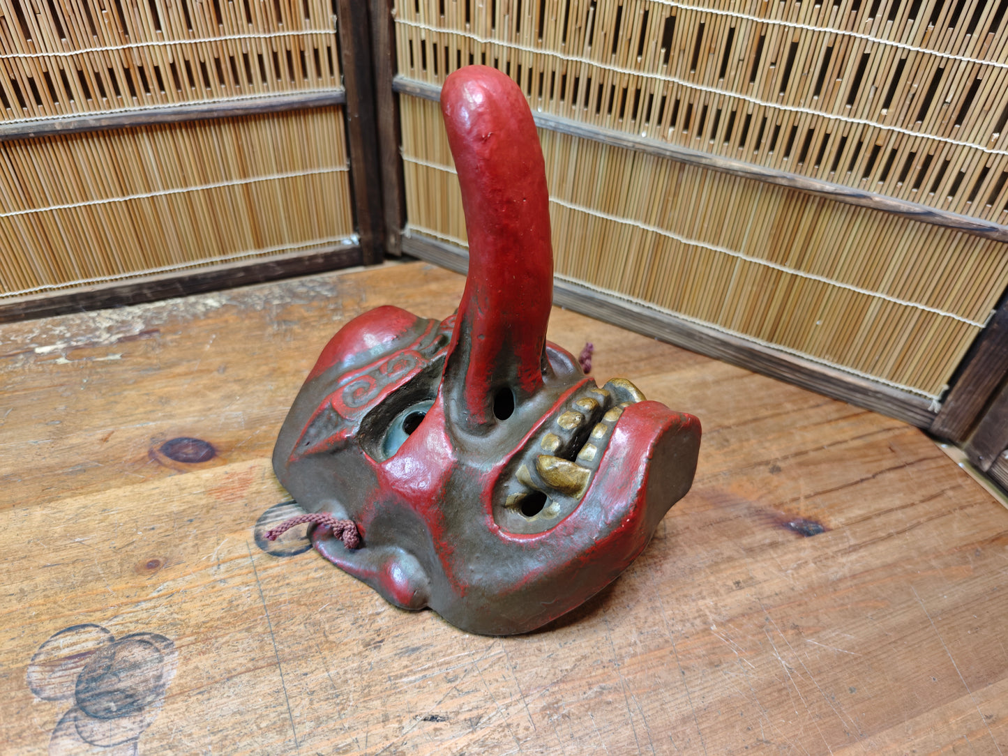 Rare Japanese 1950s Tengu Mask Wood Ceramic Mixed Folklore Theater