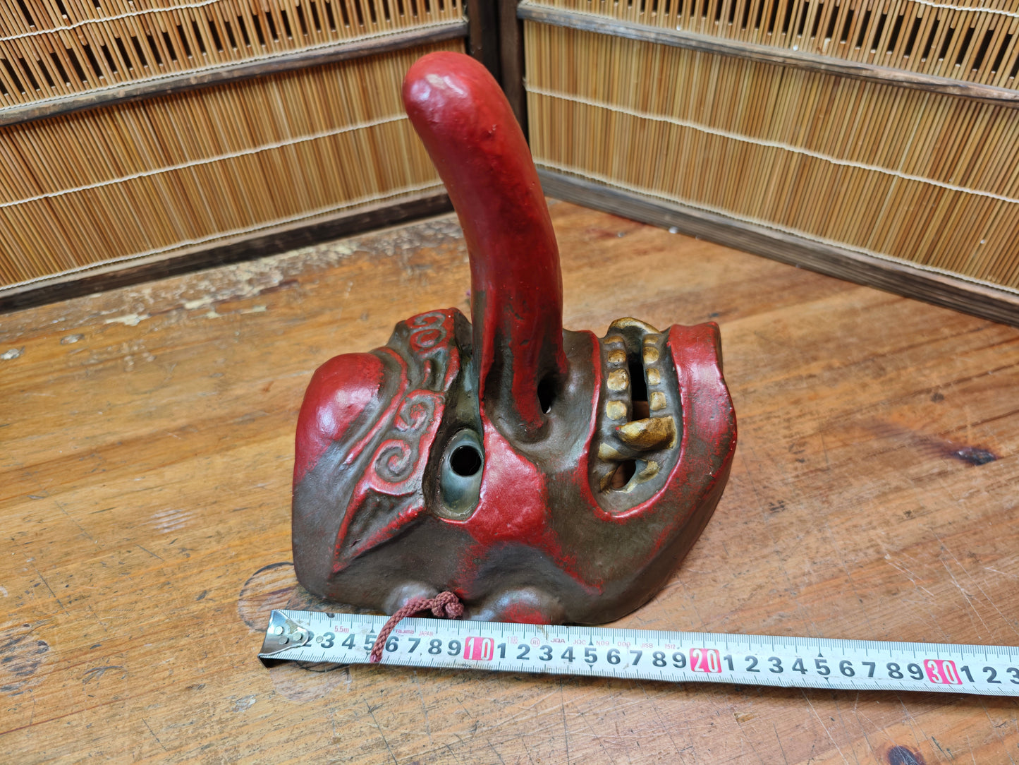 Rare Japanese 1950s Tengu Mask Wood Ceramic Mixed Folklore Theater