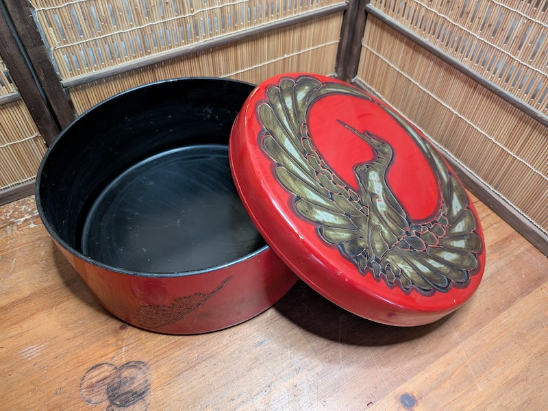 Rare Japanese Antique 1930s Bamboo Storage Box Kamon Crest Auction JP