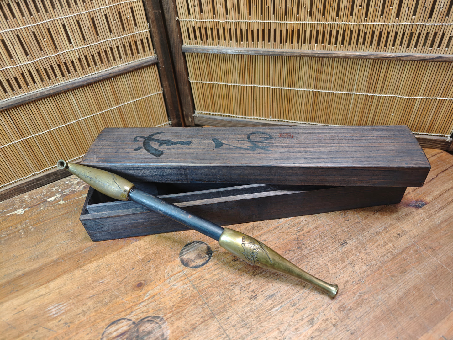 Rare Japanese Antique 1950s Kiseru Pipe Brass Bamboo Hand Engraved