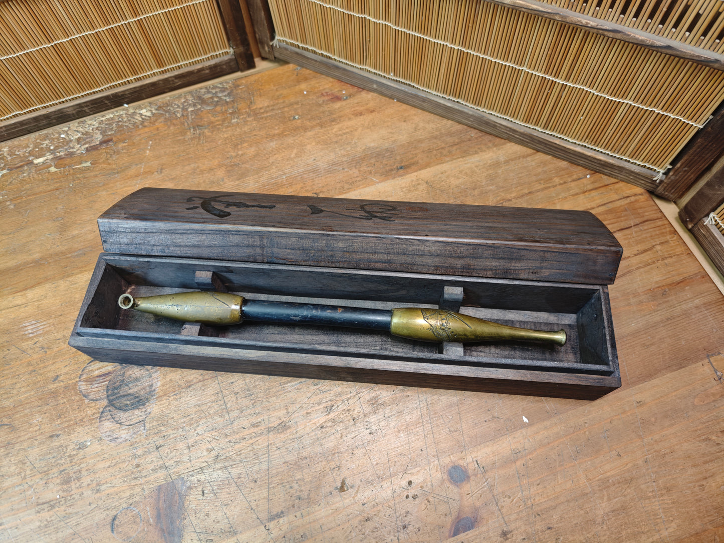 Rare Japanese Antique 1950s Kiseru Pipe Brass Bamboo Hand Engraved