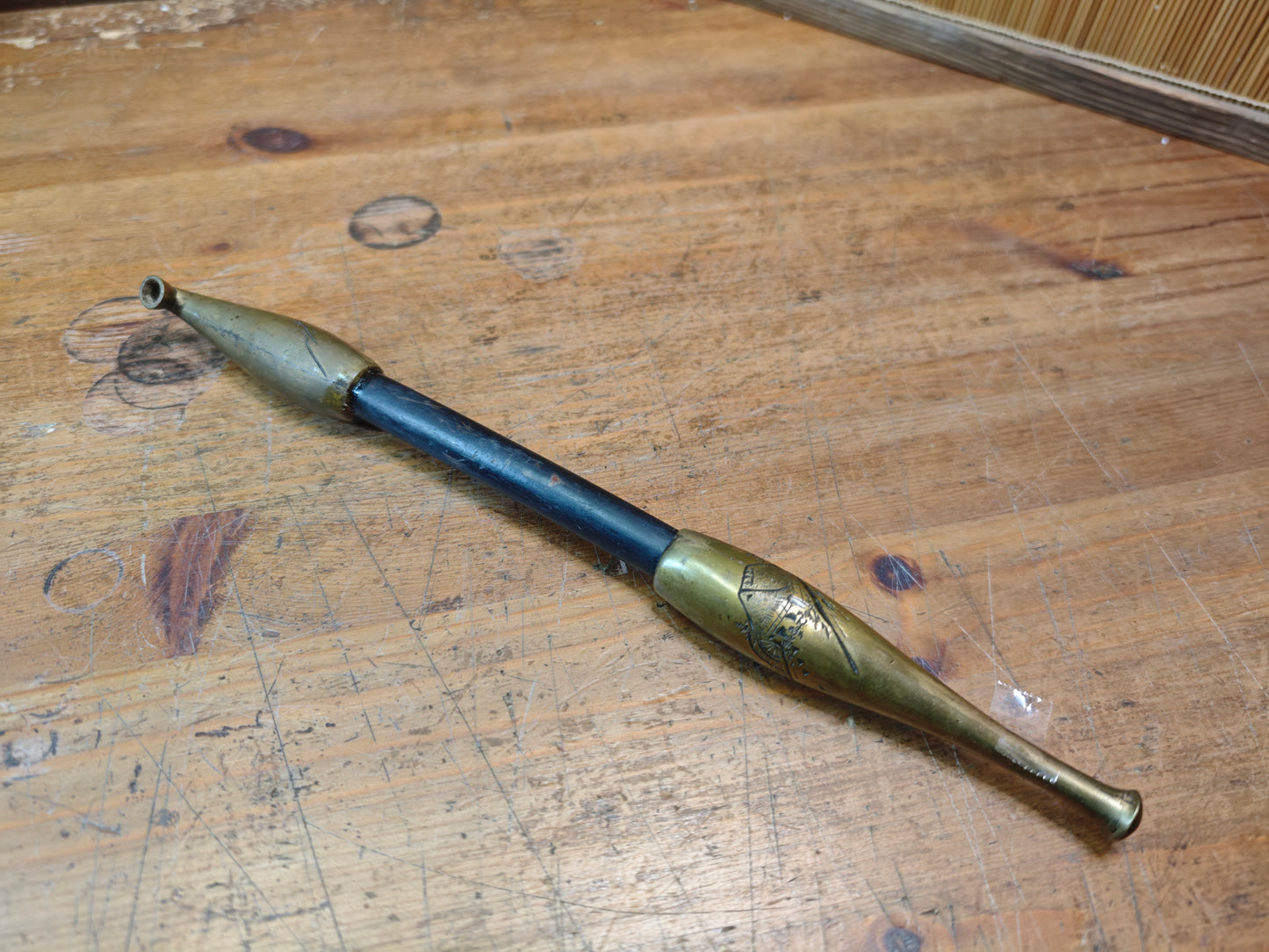 Rare Japanese Antique 1950s Kiseru Pipe Brass Bamboo Hand Engraved