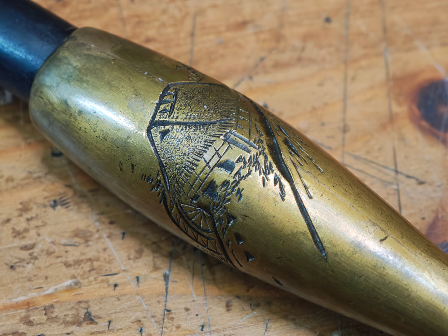 Rare Japanese Antique 1950s Kiseru Pipe Brass Bamboo Hand Engraved