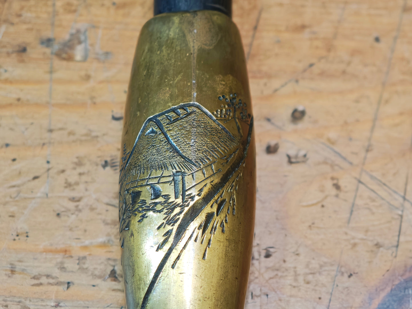 Rare Japanese Antique 1950s Kiseru Pipe Brass Bamboo Hand Engraved